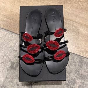 Giuseppe Zanotti Black Sandals with Red Lip Accents